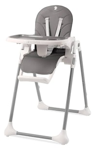 a grey and white high chair with a grey seat