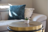 a gold coffee table with a plant on it