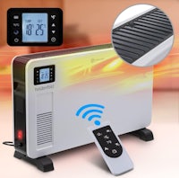 an electric heater with a remote control next to it